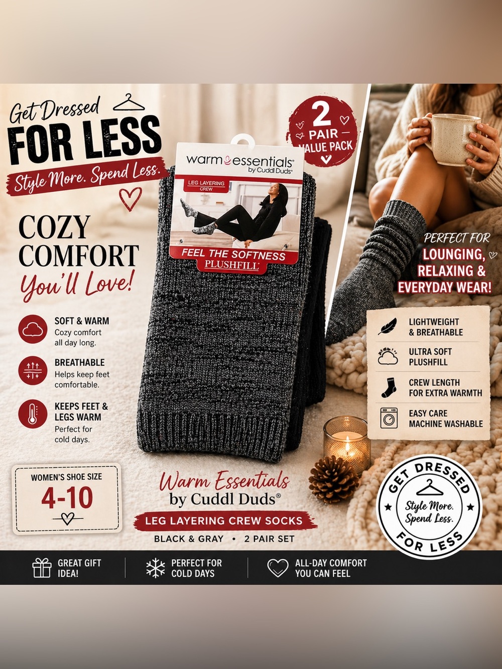 Cuddl Duds Warm Essentials Socks Womens 4-10 Black Gray 2 Pair Cozy Crew Soft